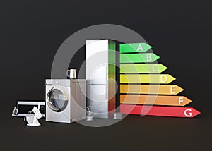 Different household appliances and energy efficiency rating chart on black background. Electronic household devices
