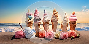 different ice cream cones on the beach, summer vibes, AI Generated