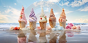 different ice cream cones on the beach, summer vibes, AI Generated