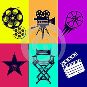 Different icons for movie and production in vintage style.