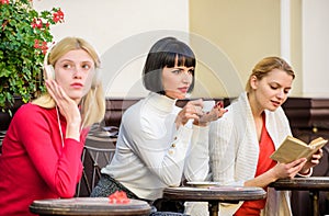 Different interests. Weekend relax and leisure. Coffee cafe. Way to relax and recharge. Female leisure. Group pretty