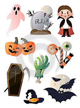 Different items in order to perfectly celebrate the holiday. Costumes, broom, ghost, pumpkin, black cat and others.