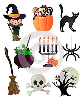 Different items in order to perfectly celebrate the holiday. Costumes, broom, ghost, pumpkin, black cat and others.