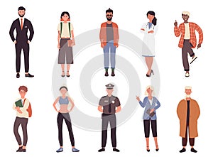 Different job or hobby people set, cartoon collection with man woman worker characters in uniform