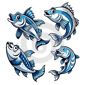 4 different jumping fish mascots designed, full body. photo