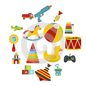 Different kids toys icons set in flat style