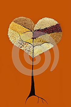 Different kind of cereals, grain and seeds, setting in the heart shape drawn tree on coral background.