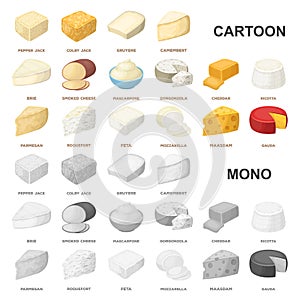 Different kind of cheese cartoon icons in set collection for design.Milk product cheese vector symbol stock web