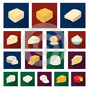 Different kind of cheese flat icons in set collection for design.Milk product cheese vector symbol stock web