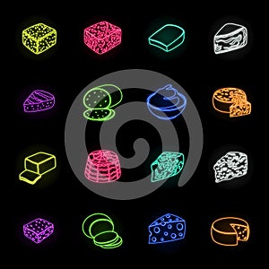 Different kind of cheese neon icons in set collection for design.Milk product cheese vector symbol stock web