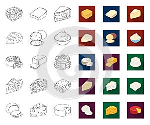 Different kind of cheese outline,flat icons in set collection for design.Milk product cheese vector symbol stock web