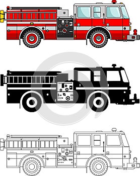 Different kind fire trucks on white background in flat style: colored, black silhouette and contour. Vector