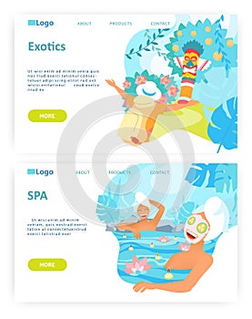 Different kind of holidays, relax in beauty spa and outdoor adventure. Travel concept. Vector web site design template