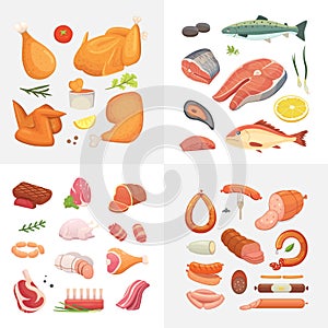 Different kind of meat food icons set vector. Raw ham, set grill chiken, piece of pork, meatloaf, whole leg, beef and