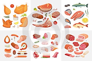 Different kind of meat food icons set vector. Raw ham, set grill chiken, piece of pork, meatloaf, whole leg, beef and