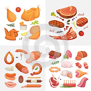 Different kind of meat food icons set vector. Raw ham, set grill chiken, piece of pork, meatloaf, whole leg, beef and