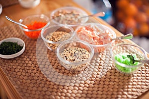 Different kind of seasame seeds and sauces fof sushi