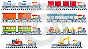 Railroad concept. Set of different railway toys in flat cartoon style on white background: train, locomotive, wagon