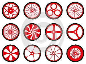 Different kinds of bike wheels. Bike wheels with tires and spokes.