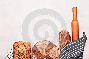 Different kinds of bread on white backdround