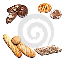 Different kinds of bread on white top view