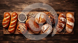 Different kinds of bread on wooden background. Top view with copy space