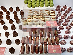 Different kinds of cakes in local market in Madrid, Spane