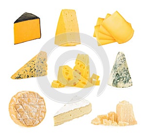 Different kinds of cheeses isolated on white background