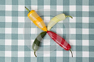 Different kinds of chili peppers on the table