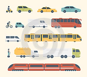 Different kinds of city and intercity public transport. Set transportation vector illustration. Car, bus and truck Icons