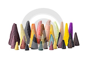 Different Kinds of Colorful Incense Cones Isolated on White Background