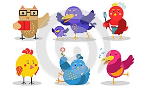 Different Kinds And Colors Of Baby Birds In Action Vector Illustrations Set Cartoon Character