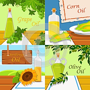 Different kinds of edible vegetable food oils. Grape, corn, sunflower and olive oil vector illustrations, design element