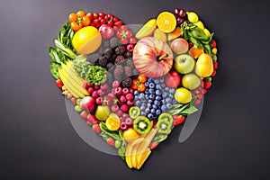 Different kinds of fruits and vegetables laid out on dark background in shape of heart