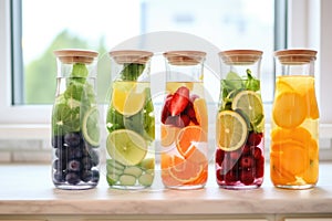 different kinds of fruity detox water in glass pitchers