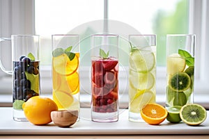 different kinds of fruity detox water in glass pitchers