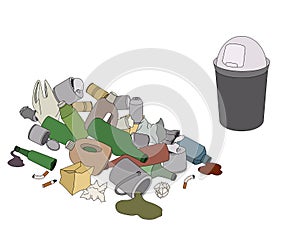 Different kinds of garbage and rubbish bin