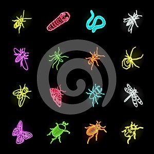 Different kinds of insects neon icons in set collection for design. Insect arthropod vector isometric symbol stock web