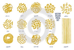 Different kinds of Italian pasta with names. Fettucine, conchiglie, fusilli, cellentani, vermicelli, tagliatelle, pipe