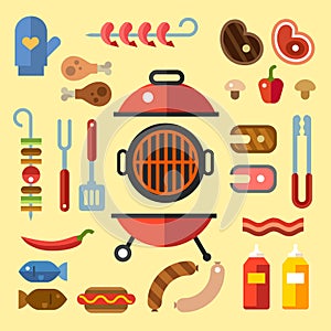 Different kinds of meat and fish steaks, sausages