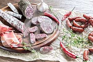 Different kinds of sausage on the wooden background photo