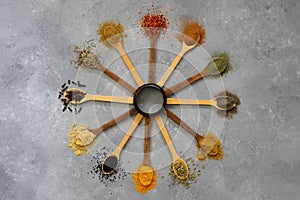 different kinds of spices in the form of a clock.