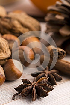 Different kinds of spices, nuts and dried oranges - christmas de