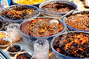 Different kinds of spicy sauces in Sichuan, China
