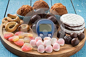 Different kinds of sweets and a device for measuring blood glucose