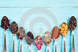 The different kinds of tea presented as a sample in the silver spoons, top view