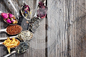 The different kinds of tea presented as a sample in the silver spoons, top view