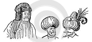 The different kinds of turbans, vintage engraving