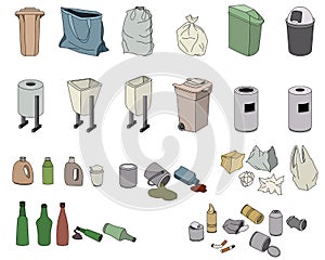 Different kinds of waste and various bins
