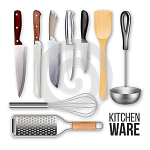 Different Knives And Cook Kitchen Ware Set Vector